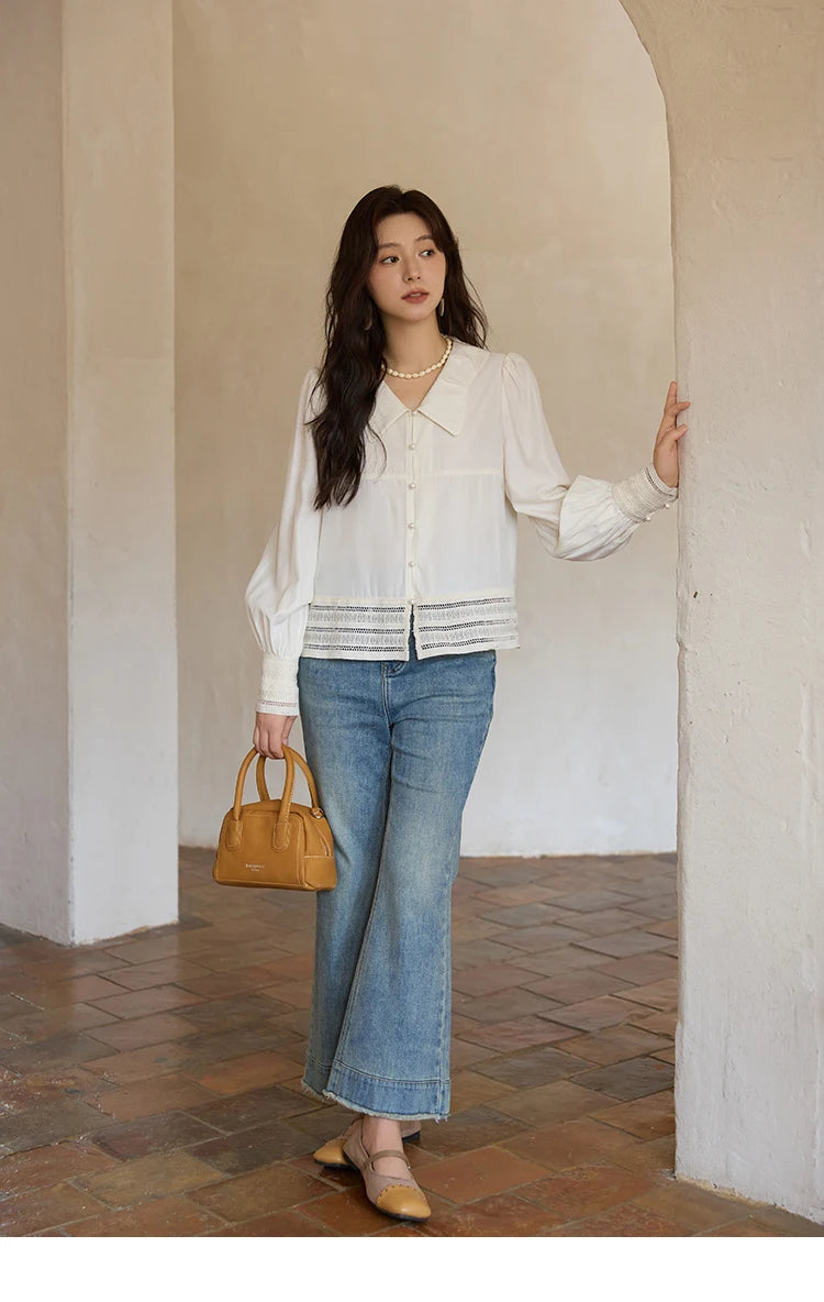 MISHOW Women's French Lace Patchwork Shirt 2025 Autumn Butterfly Collar Lantern Sleeves Apricot Elegant Commuting Top MXE41C2357