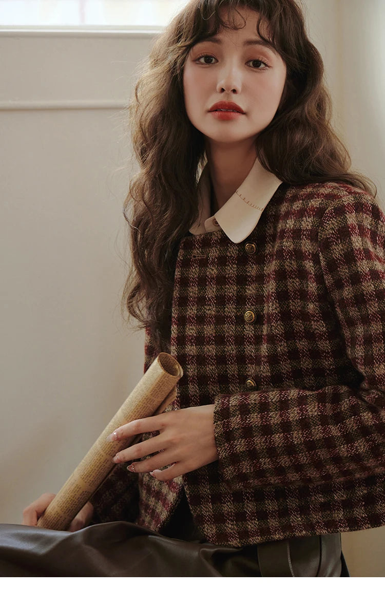 MISHOW Women's Vintage Plaid Coat 2024 Autumn French Single Breasted Crew Neck Crop Woolen Tops Office Lady Outerwear MXC48W0175