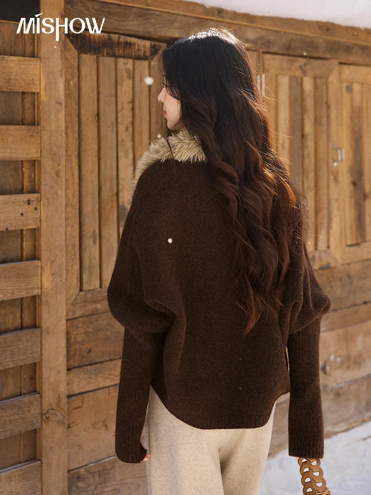 MISHOW Women's Brown Knitted Cardigan 2025 Winter Faux Fur Collar Batwing Sleeve Tops Warm Loose Outerwear Beltless MXE94Z2954