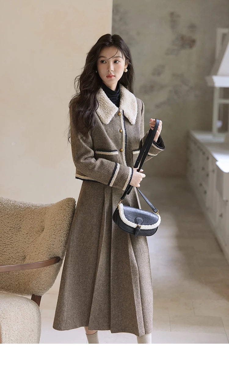 MISHOW Vintage Midi Skirts Coat Seprately Women 2024 Winter Turn Down Collar Plaid Tweed Jacket A-Line Pleated Skirt MXD56W0569