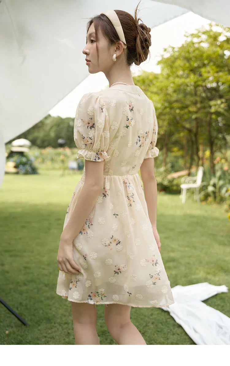 MISHOW Women's Chiffon Dress 2025 Summer French Elegant Floral Embroidered A-LINE V-Neck Sweet Knee-Length Dresses MXC38L1424