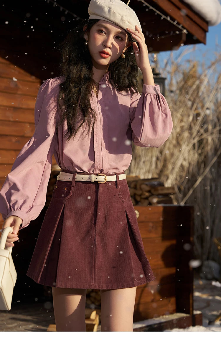 MISHOW French Autumn Winter Button Up Lantern Long Sleeve Shirts Women Ruffle Neck Thick Warm Blouse Flannel Shirt MXC56X1320