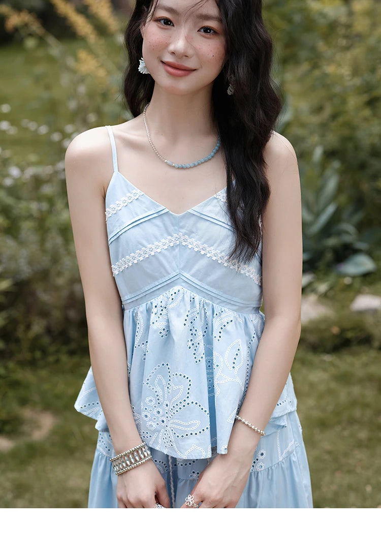 MISHOW Woman 2 Pieces Set 2025 Summer Ladies Fashion Strap V-neck Top Embroidery Flower Hollow Out Drawstring Skirt MXE34T0624