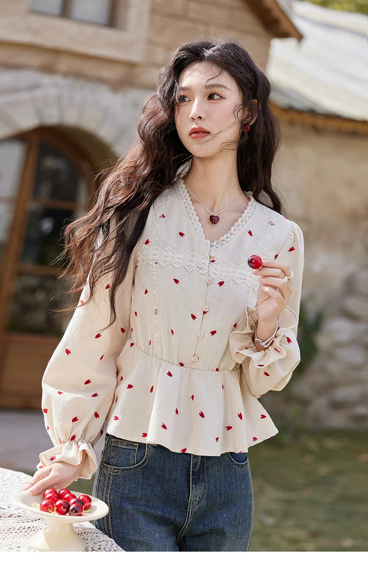 MISHOW Women's Love Embroidered V-neck Blouses 2025 Spring Linen Cotton Retro Slim Tops Sweet Waist Ruffle Blouse MXE13X1700