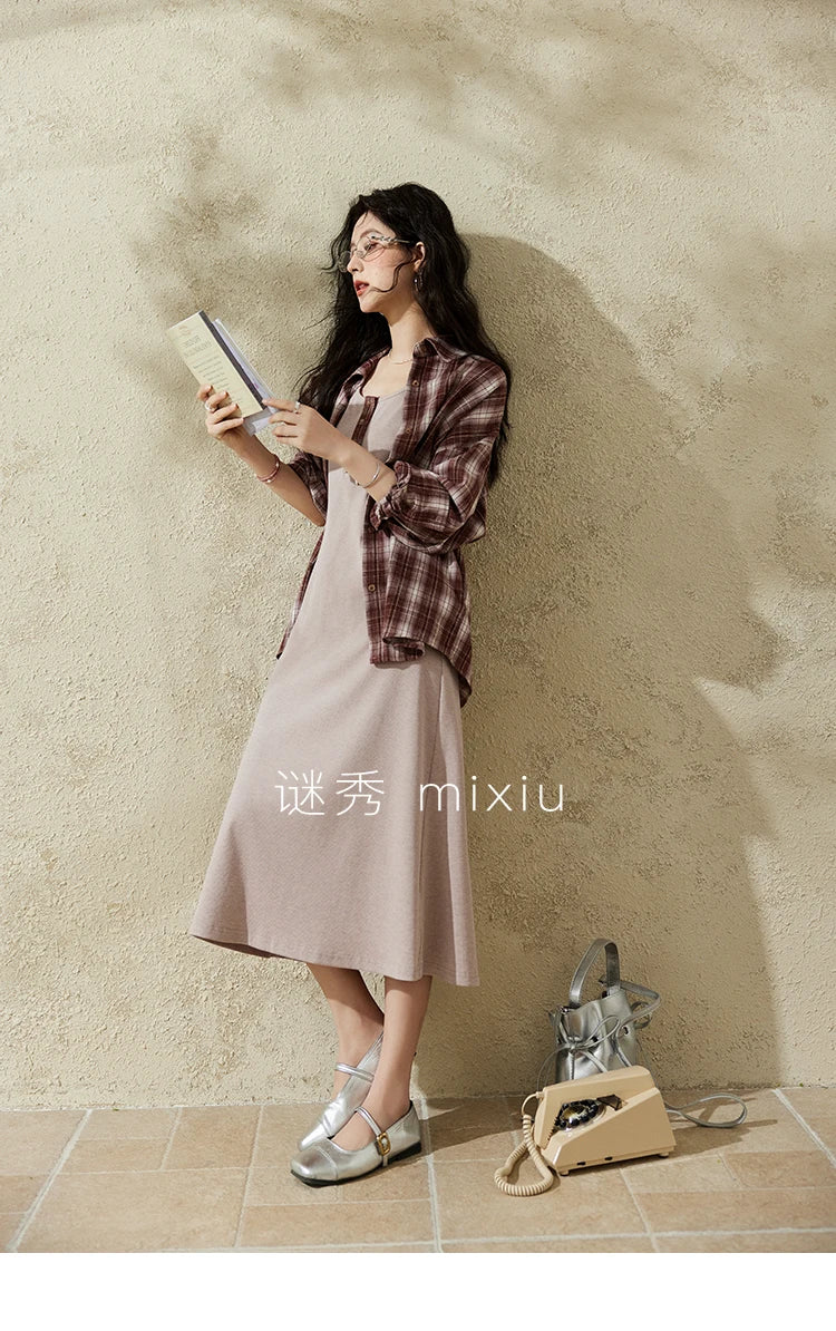 MISHOW Women's Plaid Shirt Grey Vest Dress Separately Spring Lapel Collar Shirt U-neck Sleeveless Dresses (Not A Set) MXE13L2093