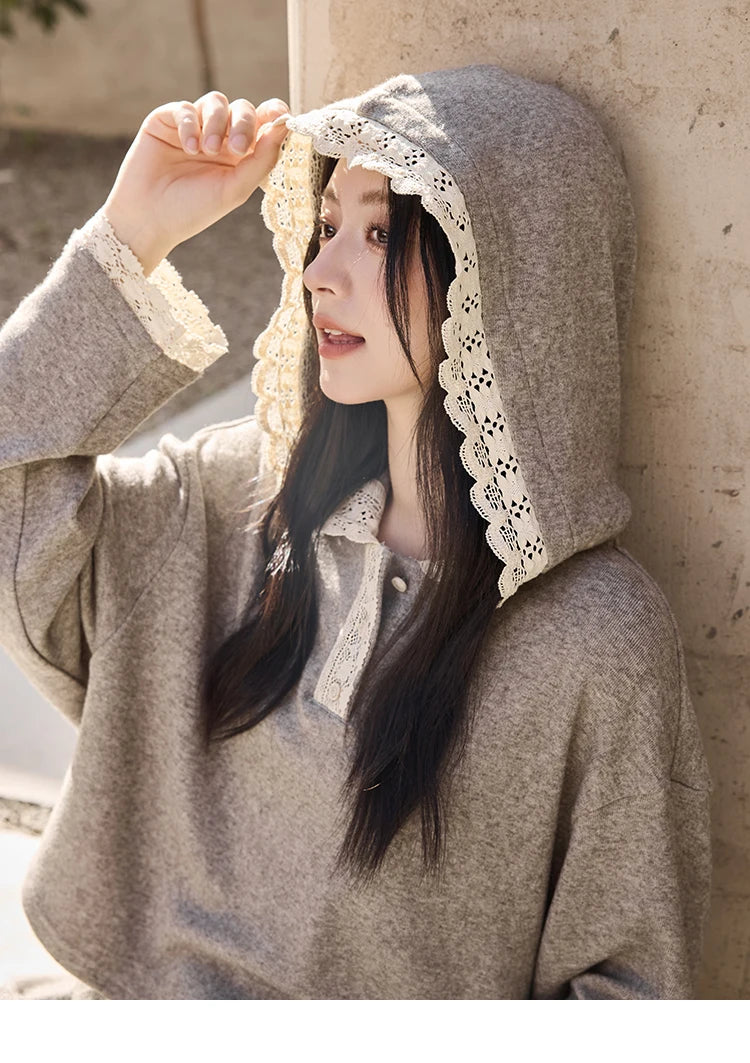 MISHOW Women's Sweatshirt Wide Leg Pants Separately 2025 Fall Winter Lace Splicing Hooded Casual Elastic Waist Pants MXD34V0098