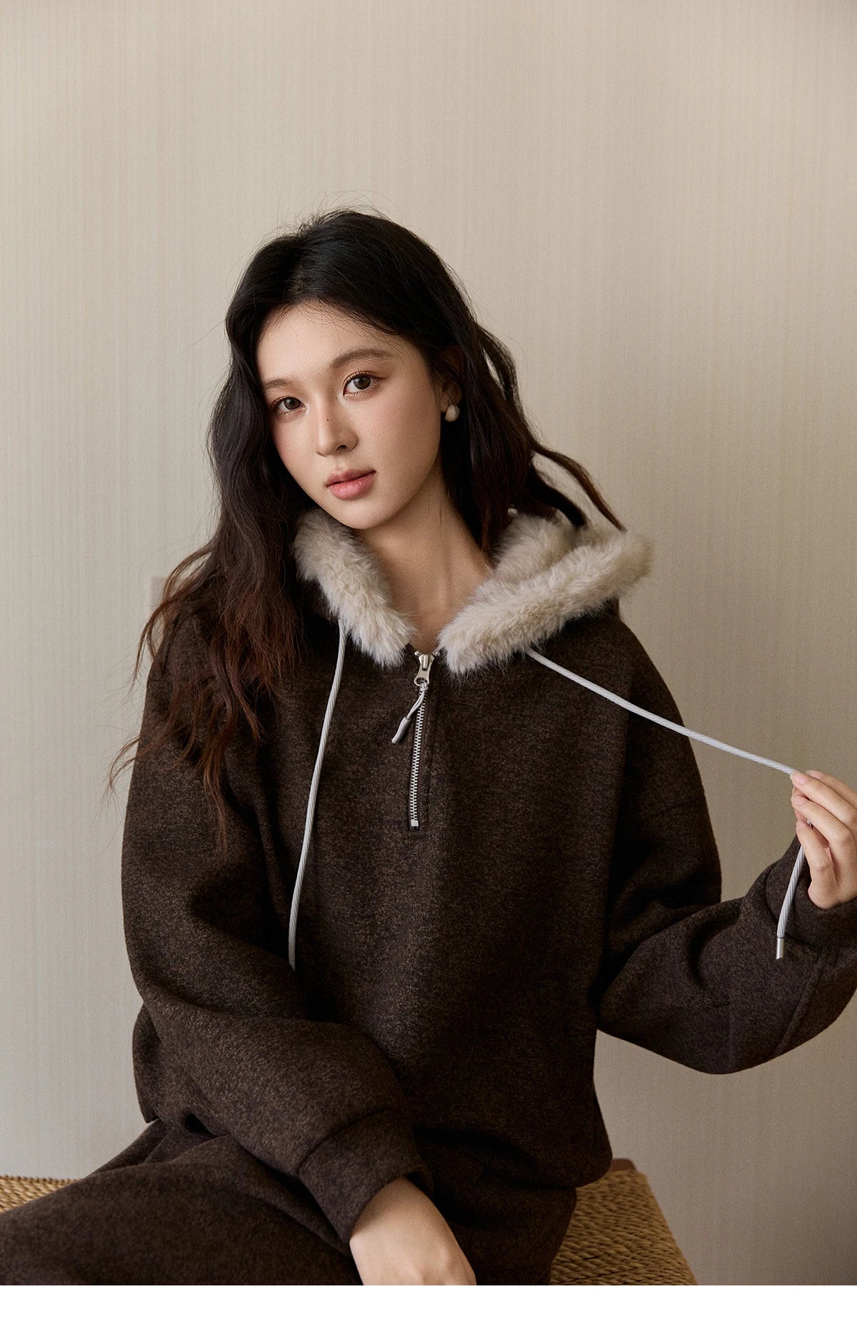 MISHOW Women's Brown Two-Piece Set 2025 Winter Faux Fur Hood Sweatshirt Elastic Waist Wide-Leg Pants Warm Casual Sets MXE94T1476