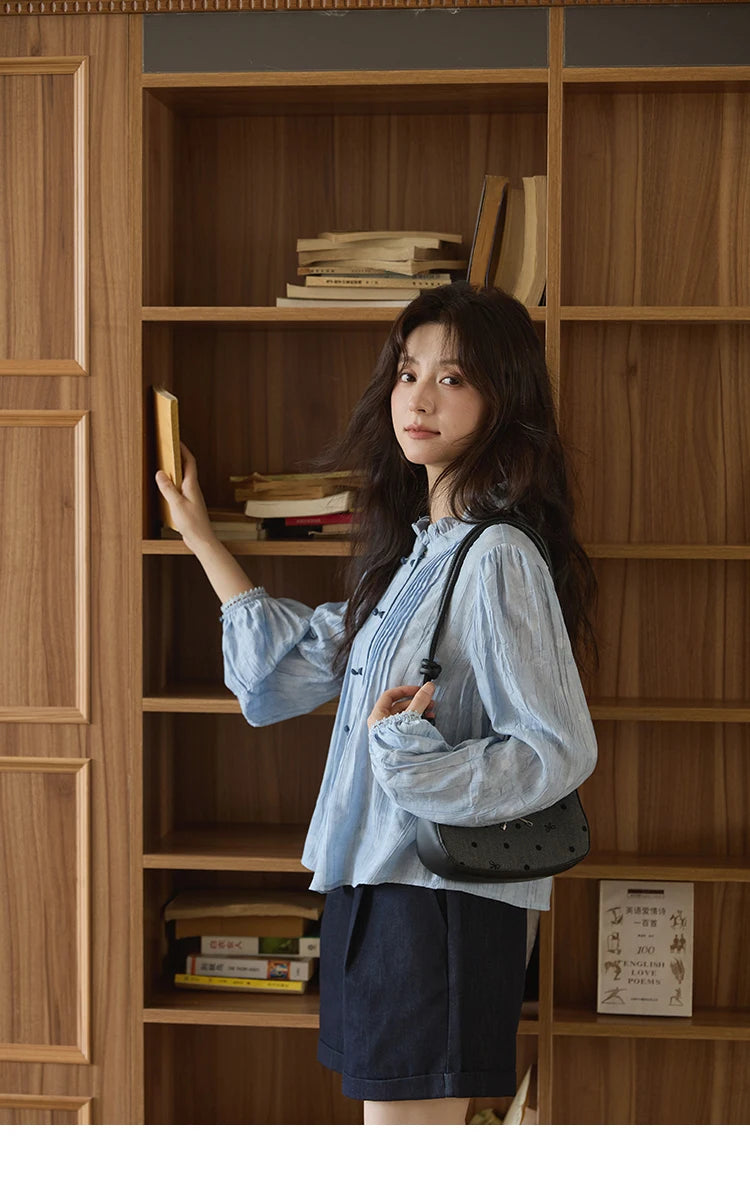 MISHOW Women's Shirt 2025 Autumn Blue Polka Dot Chiffon Loose Shirt Stand Collar Double Row Buckle Lantern Sleeve Top MXE41X1926