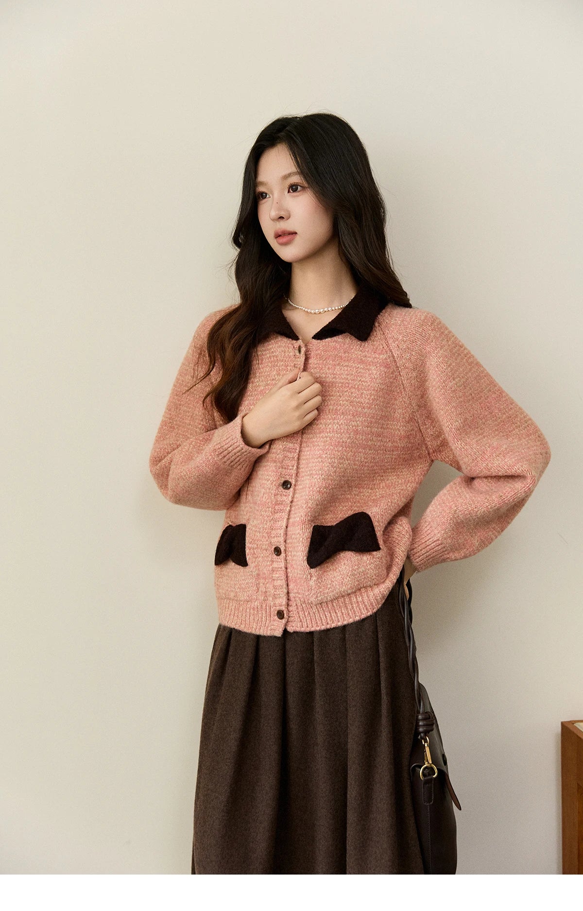 MISHOW Women's Pink Knitted Cardigan Autumn Winter Contrast Collar Bow Pocket  Top Single-breasted Loose Warm Sweater MXE94Z2957