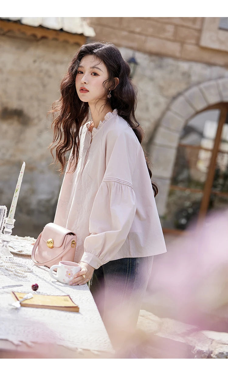 MISHOW Pink Cotton Ruffled Blouse Loose Long Sleeve MXE13X1699