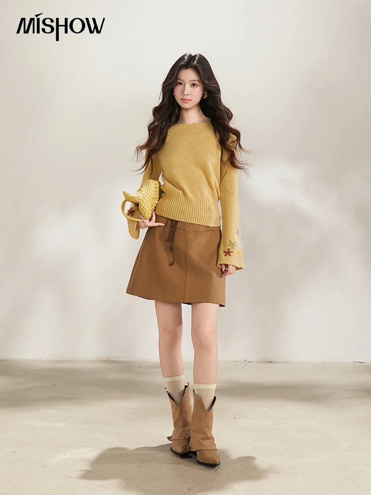 MISHOW Floral Embroidered Boat Neck Flare Sleeve Knit Tops 2026 Spring Side Button Slim Casual Soft Yellow Sweater MXE94Z2864