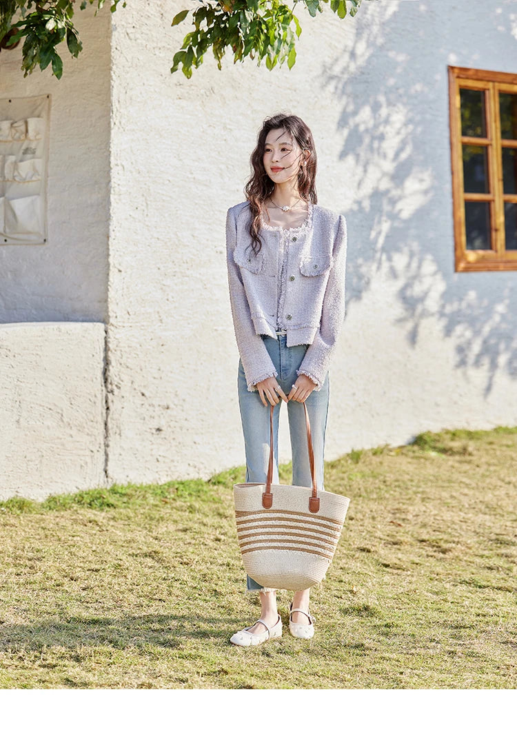 MISHOW Tassel Fragrant Coat for Women 2025 Spring Rose Buckle Weave Short Coats Elegant Square Neck Straight Coats MXE13W0733