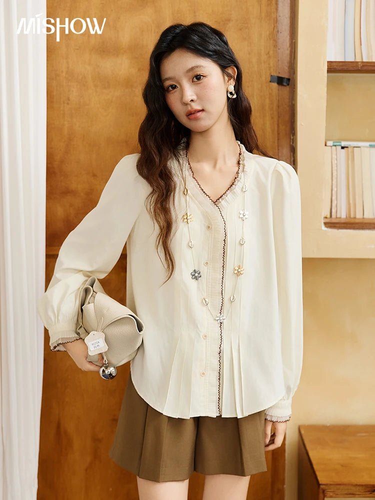 MISHOW Women's Apricot  Retro Blouses 2025 Autumn V-neck Pleated Double-layer Lace Tops Lantern Sleeves Loose Blouse MXE46C2404