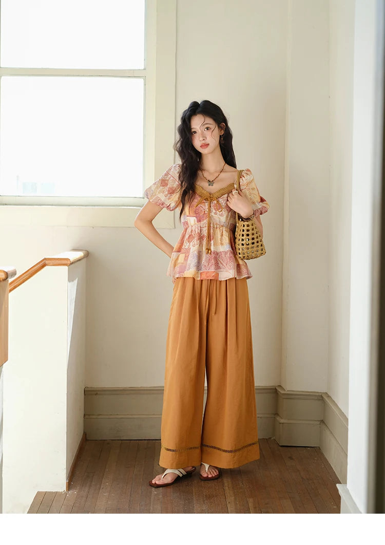 MISHOW V-neck Lace Up Patchwork Blouses for Woman 2025 Summer New Ladies Puff Sleeve Print Loose Top Female Clothing MXE38X1911