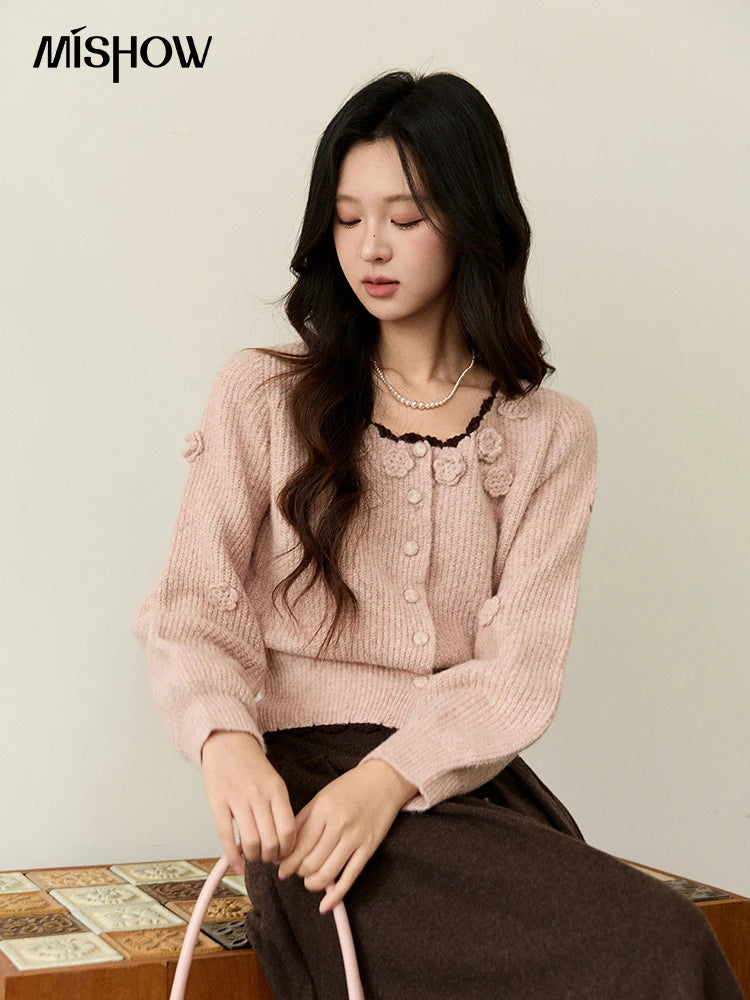 MISHOW Women's Pink Knitted Cardigan 2025 Autumn Winter Flower Decor Lace Trim Button Cardigan Slim Warm Pullover Top MXE94Z2862
