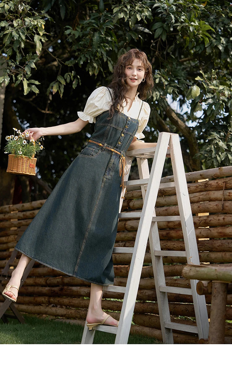 MISHOW Suspender Denim Dress Paired Blouse Separately 2024 Summer V Neck Puff Sleeve Top Back Elastic Waist Dress MXD21L1664