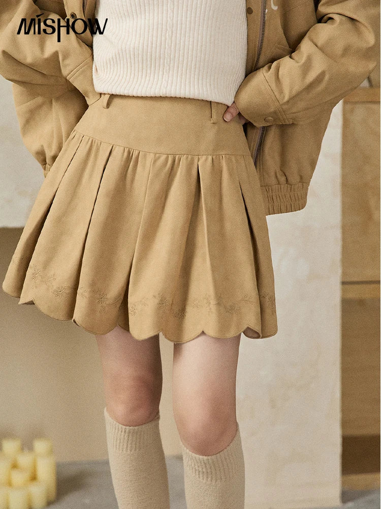 MISHOW Women's Embroidered Sweet Short Skirt 2025 Autumn Winter Pleated Solid Short Skirt High Waist Hem Wavy Skirts MXE87B2451