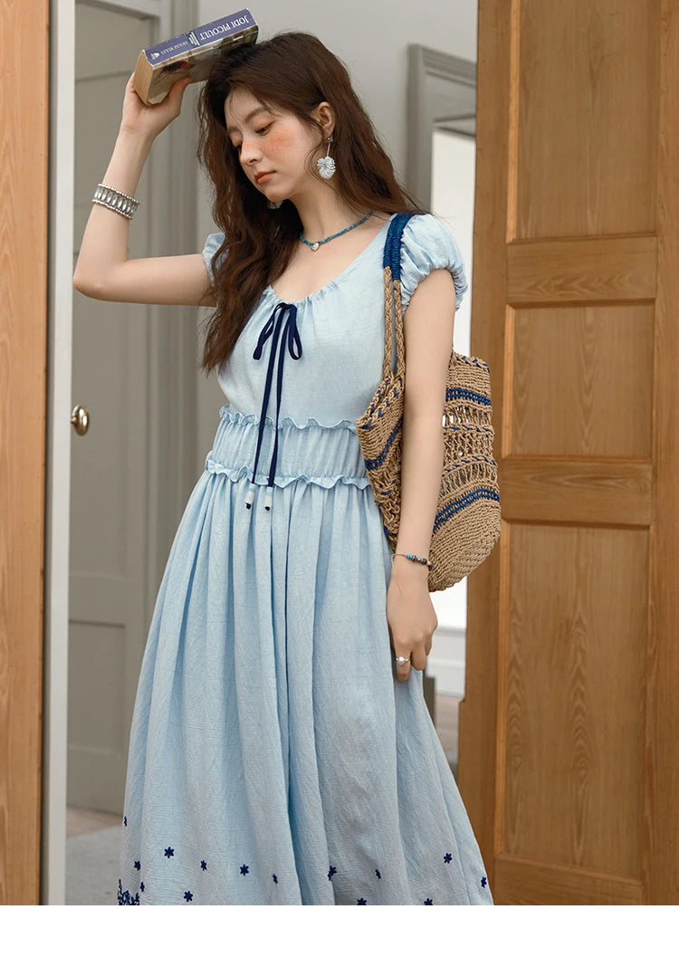 MISHOW Women's Bohemian Embroidery Dress 2025 Summer Ladies Fashion V-neck Lace Up Flower Bud Sleeve Blue Long Dress MXE36L2244