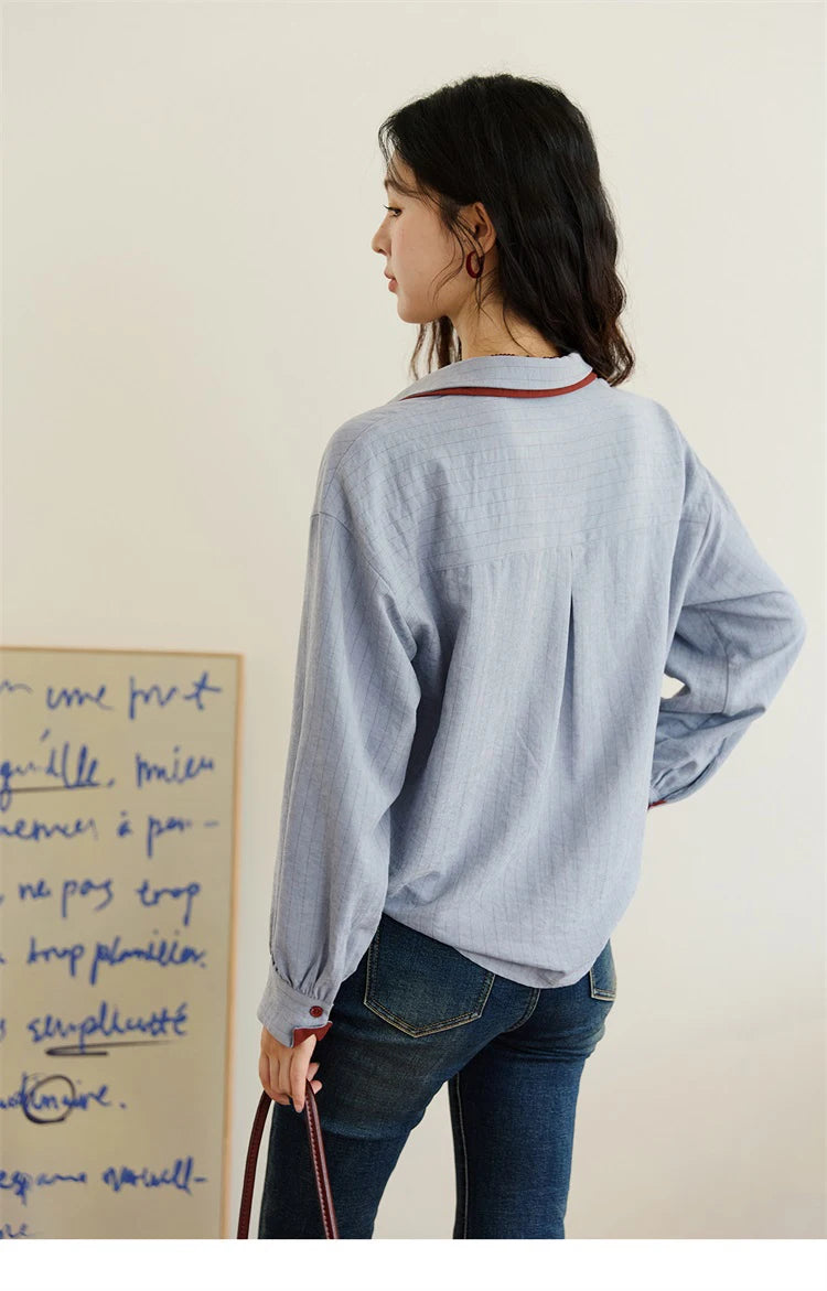 MISHOW Striped Shirt for Women Autumn 2025 Blue Red Splicing Contrasting Color Shirts Laple Loose Retro Commute Top MXE46C2405