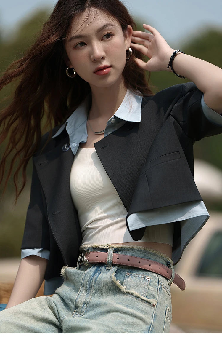 MISHOW Fake Two Short Suit Jackets for Women Summer Three Quarter Single Breasted Turn-down Collar Female Coats MXC33W0016