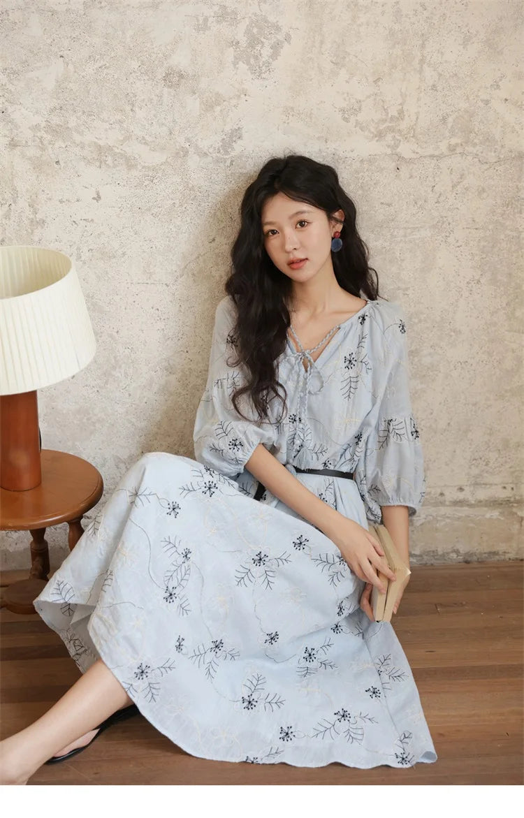 MISHOW Blue Flower Embroidered Dress 2025 Autumn Seven Cent Lantern Sleeve Tassel Tie Rope V-neck Dresses with Belt MXE42L2493
