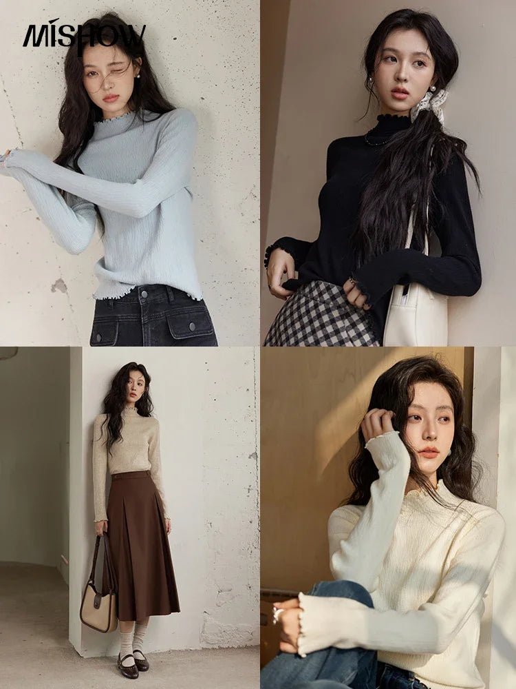 MISHOW Bottom Knitted Sweater Women Ruffled Edge High Collar Long Sleeve 2025 Winter Solid Slim Thin Internal Tops MXD48Z0850
