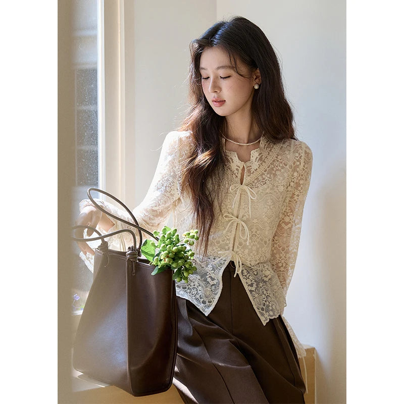 MISHOW Women's Sweet Lace Top Camisole Set Spring Tie Front Flare Sleeve Sheer Casual Elegant Two-Piece Knitwear MXF108X1001