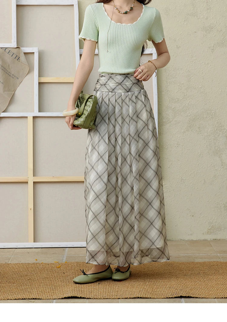 MISHOW Apricot Green Retro Plaid Skirt for Women Summer 2025 Pleated Chiffon High Waist Elegant Slim A-line Skirts MXE35B0747