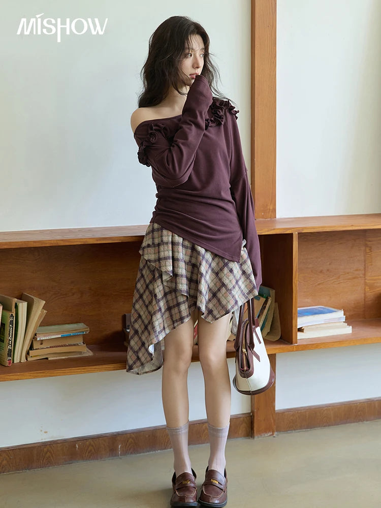 MISHOW Purple Plaid Irregular Skirt for Women Autumn 2025 Linen Blend Invisible Zipper Short Skirt Ruffle Hem Skirts MXE42B2395