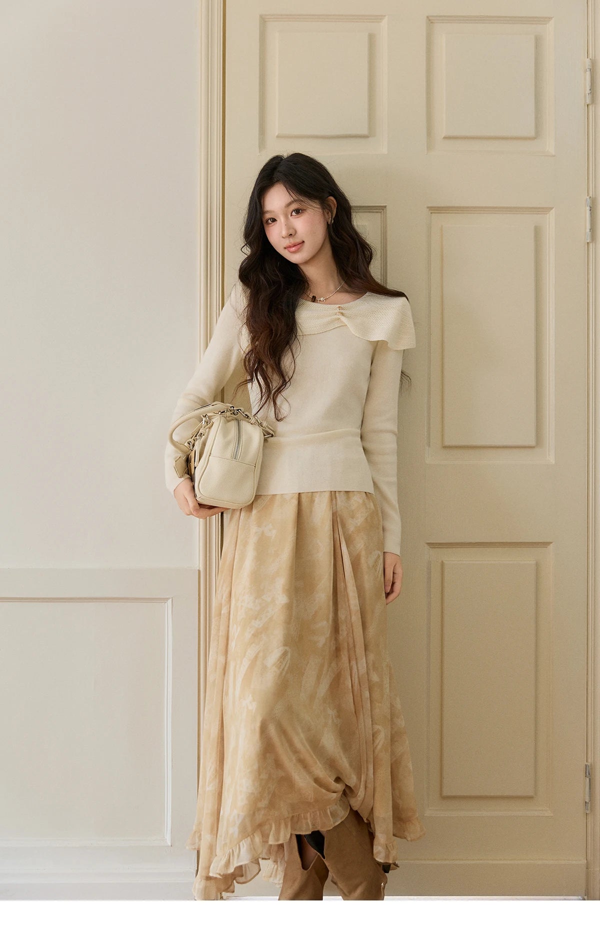 MISHOW Women's Beige Chiffon Maxi Skirt 2026 Spring Floral Print High Waist Ruffled Asymmetrical Casual Long Skirts MXF11B2463