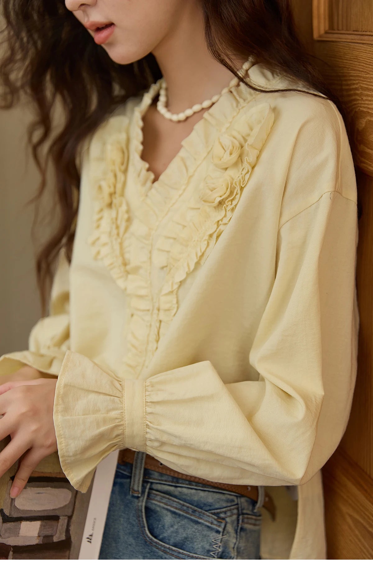 MISHOW Hand Sewn Rose Blouse for Women Autumn 2025 V-neck  Edible Tree Fungus Edge Tops Sweet Lantern Sleeves Blouses MXE44X2470