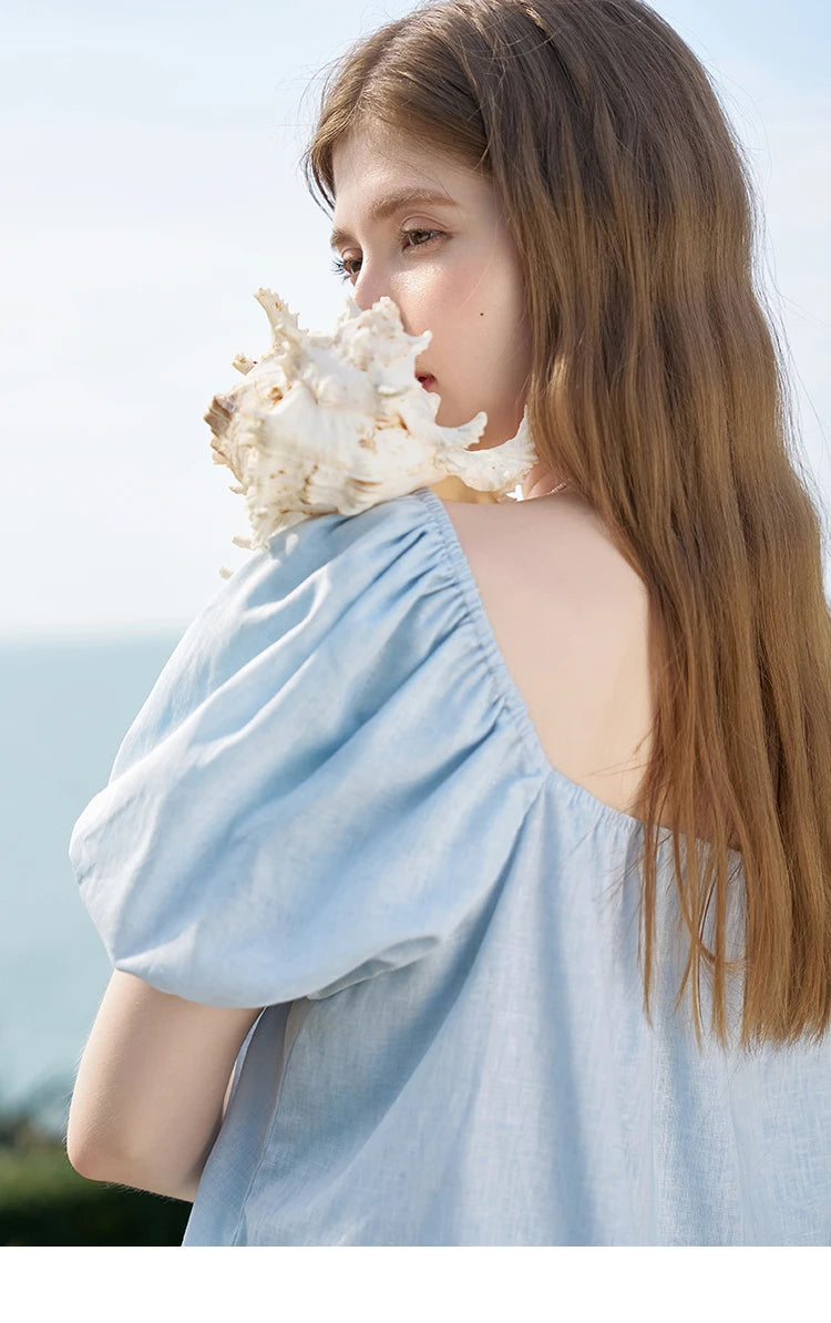 MISHOW French Square Neck Tied Lantern Sleeve Blouses 2025 Summer Double Layered Hem Puff Sleeve Solid Sweet Tops MXD26X1551