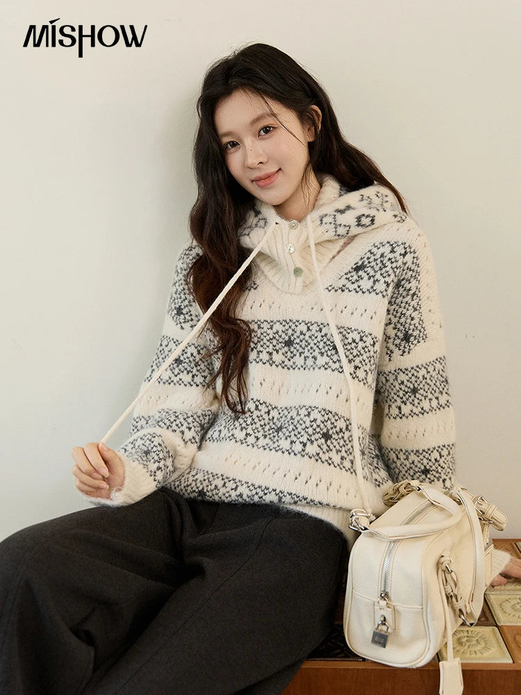 MISHOW Women's Fair Isle Knitted Sweater 2025 Winter V-neck Wool Blend Casual Tops Removable Hood Warm Loose Sweaters MXE94Z2979