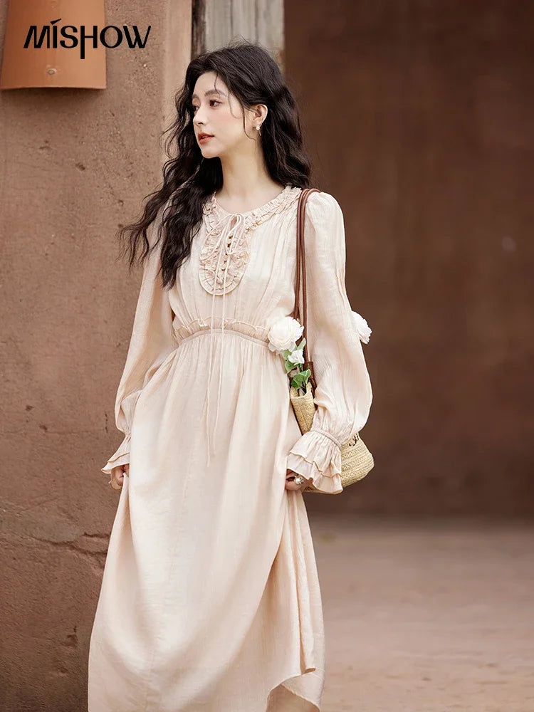 Mishow Pink Fungus Edge V-Neck Lace-Up Dress MXE11L2087