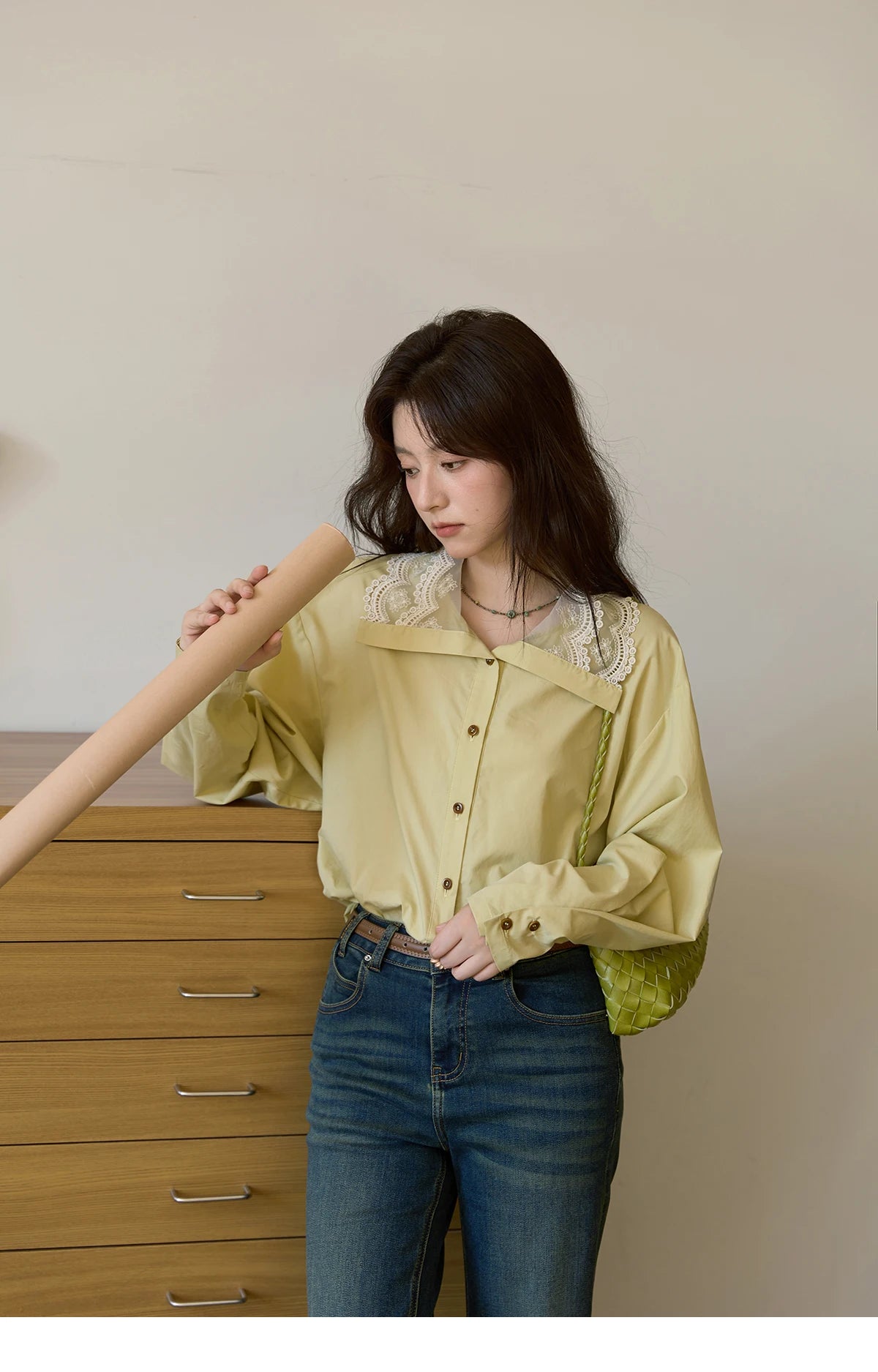 MISHOW Autumn Solid Cotton Shirt Autumn V-neck Double-layer Lace Retro Design Shirts Single Breasted Tops Office Lady MXE41C2366