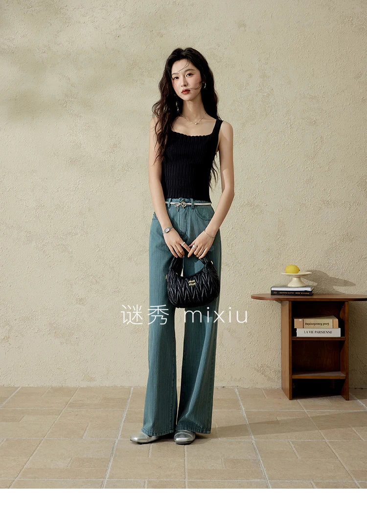 MISHOW Versatile Denim Straight Leg Pants for Women Spring 2025 Embroidery Pockets Commuting Loose Denim Trousers MXE14K0870