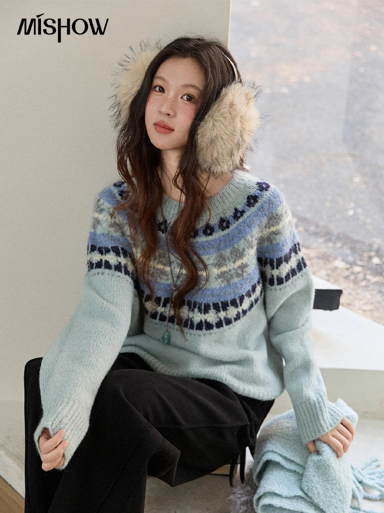 MISHOW Women's Blue Fair Isle Sweater 2025 Winter Geometric Jacquard Loose Retro Wool Blend Knit Pullovers Sweaters MXE87Z2767