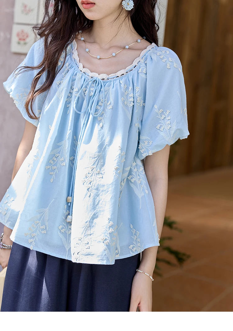 MISHOW Blue Pure Cotton Embroidered Blouses 2025 Summer Wave Edged O-neck Tops Contrasting Lace Up Loose Doll Blouses MXE35X1791