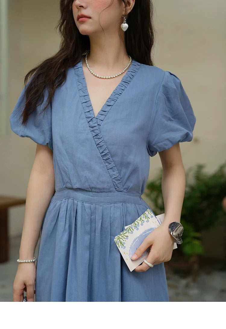 MISHOW Summer Fashion V-neck Dress Woman 2025 New Puff Sleeve Sashes Elegant Pocket Vacation Dresses Ladies Clothing MXE39L2381