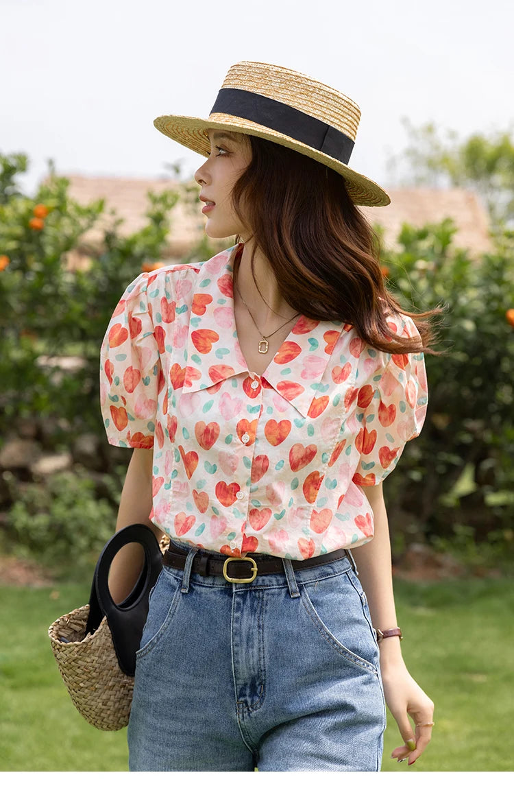 MISHOW Korean Floral Blouse Polo-Neck Puff Sleeve MXB27C0450