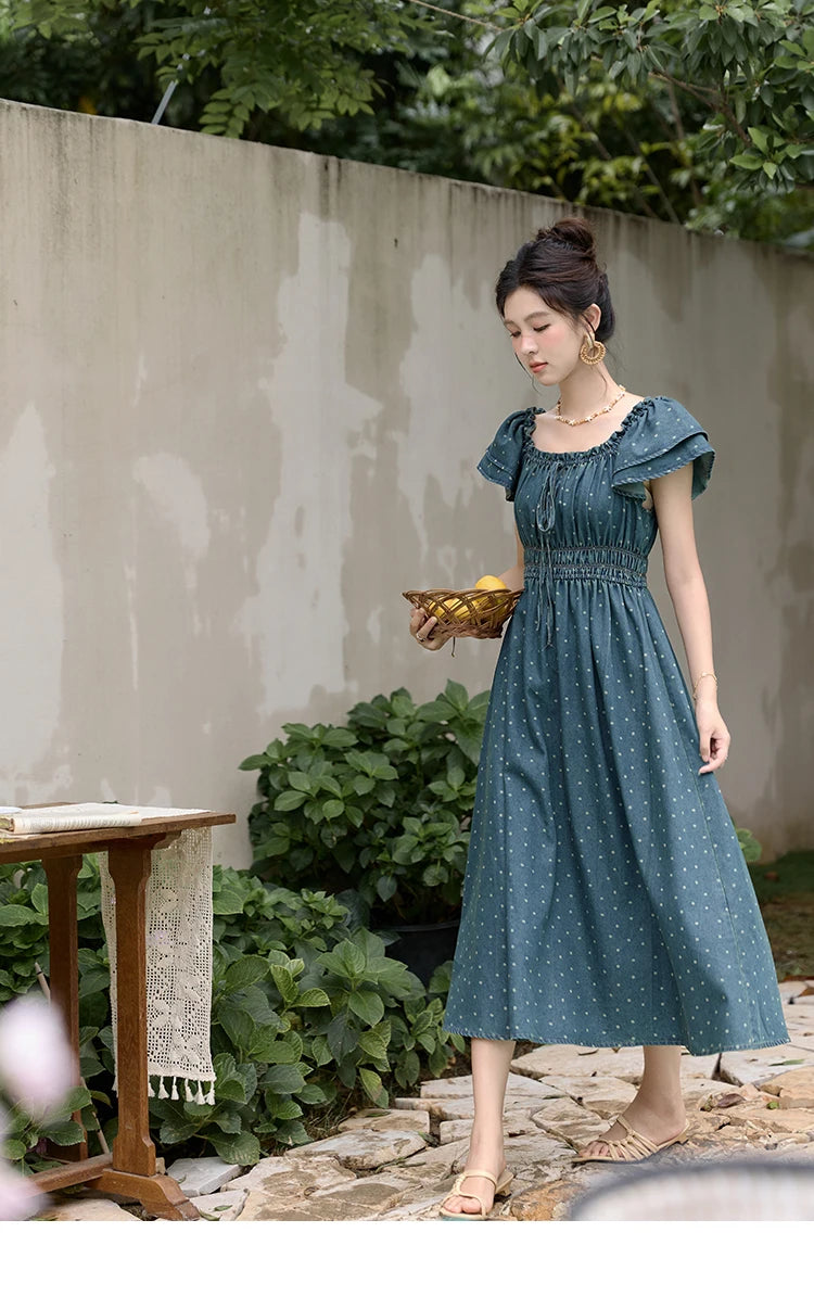 MISHOW Lace Up Flying Sleeve Polka Dot Dress Summer 2024 High Waist Pleated Long Dresses Square Neck Denim Dress MXD30L2022