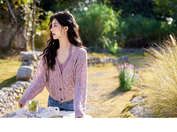 MISHOW French Knit Cardigan Women Separately 2025 Spring New Korean Casual Diamond Plaid Sweet V Neck Hollow Sweater MXE11Z1198