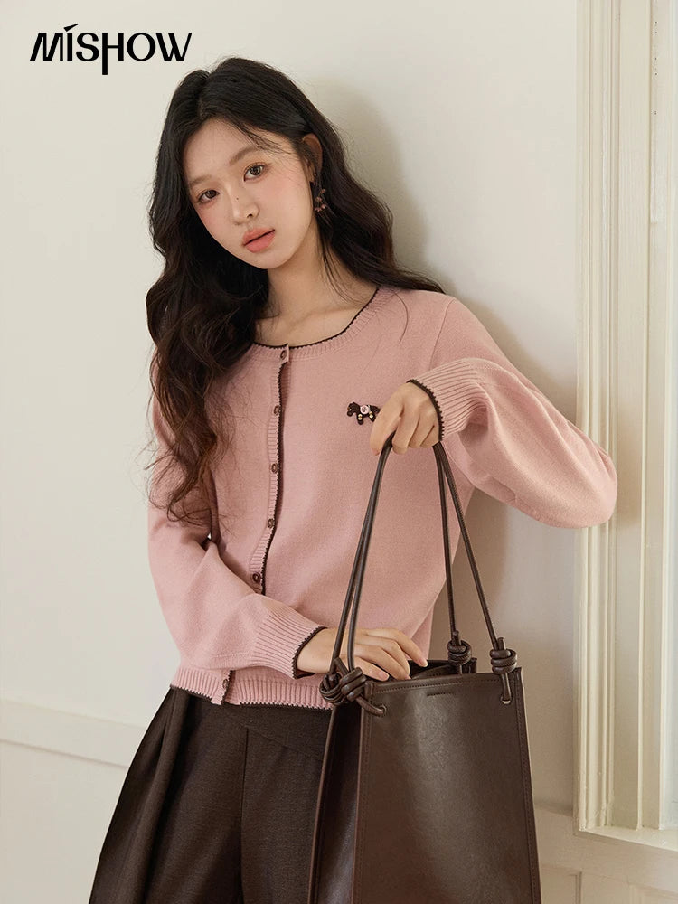 MISHOW Contrast Trim Crew Neck Knit Cardigan 2026 Spring Single Breasted Casual Pink Sweater with Pony Decoration MXF108Z1023