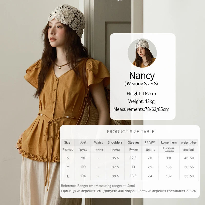 MISHOW Women's Petal Sleeve Slim Shirt 2025 Summer New V-neck Button Bead belt Black Fungus Edge Top Ladies Clothing MXE39X1881