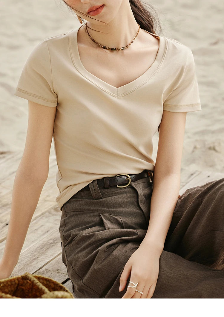 MISHOW Cotton Casual T-shirts Women New 2025 Short Sleeve V-neck Solid Versatile Shirt Female Fashion Basic Tops Lady MXE33T0519