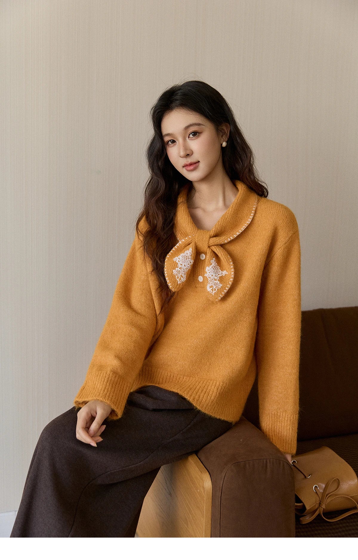 MISHOW Women's Yellow Knitted Sweater 2025 Autumn Winter Bow Collar Splicing Lace Tops Loose Warm Pullover Sweaters MXE94Z2971