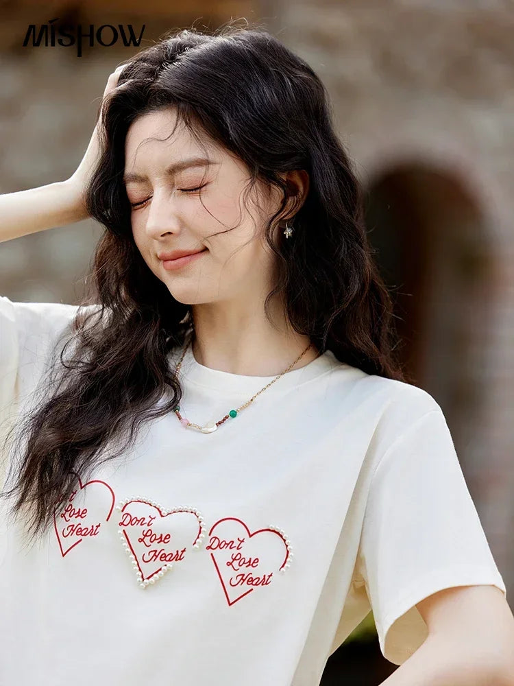 MISHOW Apricot Short Sleeved T-shirt Women 2025 Spring New Casual Versatile Heart Print Positive Shoulder Tops Outer MXE11T0491