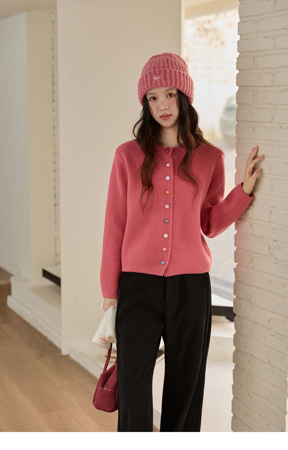 MISHOW Women's Cardigan 2025 Slim Fit Hollow Out Round Neck Rainbow Button Sweater French Style Solid Warm Knitwear MXE90Z2796