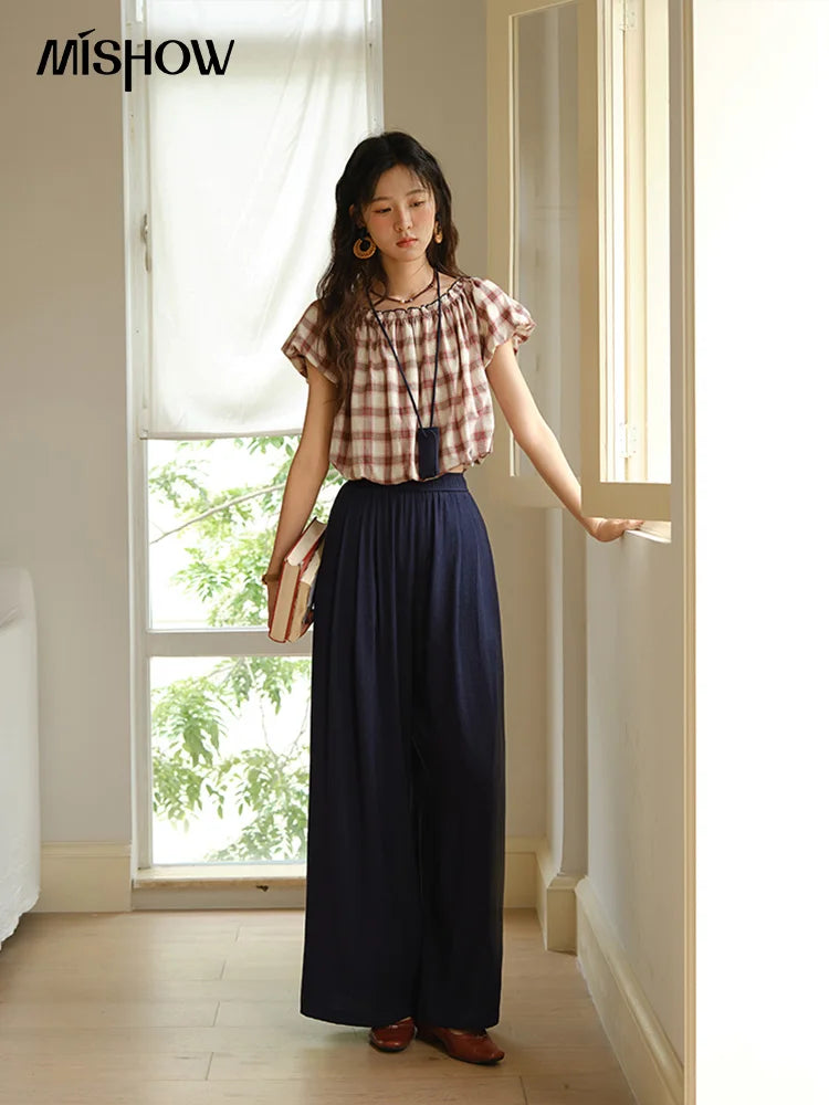 MISHOW Two Piece Set for Women Retro Red Grid Puff Sleeve Top+Casual Elastic Waist Wide Leg Pants Set 2025 Summer New MXE37T0649