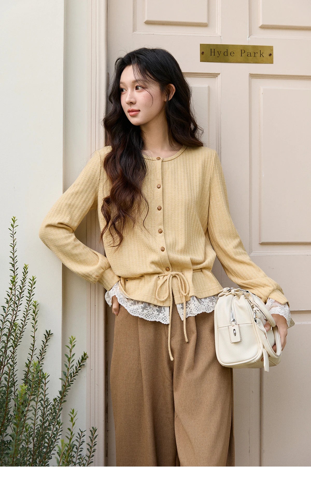 MISHOW Women's Yellow Ribbed Cardigan Spring Lace Trim Drawstring Waist Thin Knitted Sweater Long Sleeve Casual Top MXF11Z2919